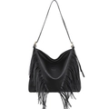 Black bohemian rivet shoulder bag with long fringes and leather texture on white background - Black
