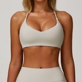 Hellgraues Sport-BH-Set aus gebürstetem Stoff mit schmalen Trägern und hoher Yoga-Hose - S / Grauaprikose