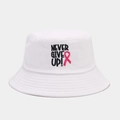Detail of Never Give Up text and pink ribbon embroidery on white cotton bucket hat - One Size / White