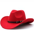 Classic bright red felt cowboy hat with wide brim and black leather band with silver buckle - M (56-58cm) Adjustable / Red