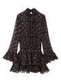 Detail van bloemen chiffon mini-jurk met transparante pofmouwen en een rucheszoom - S / Zwart Bloemen