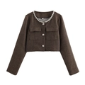 Bruine korte jas met visgraatpatroon, kristallen kraag en knopen voor dames mode - XS / Bruin