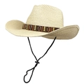 Western straw cowboy hat with shell band and adjustable wind rope for beach vacation - Beige