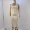 Detail of light beige PU leather tube dress featuring slim fit and strapless neckline cut - S / Ivory