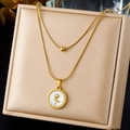 Double-layered gold necklace with rose flower relief on white shell round pendant - Round Rose Style (N4080) / Gold