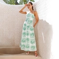 Detail of tropical green palm leaf print on white summer halter vacation maxi dress - S / Green Print