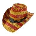 Detail of western straw hat featuring eagle metal emblem and star patterned band - Adult 58cm One Size / Red White Stripes Black Belt Patchwork