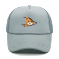 Detail of breathable mesh back and cartoon bear print on light blue trucker hat - M (56-58cm) / Light Gray