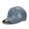 Casquette de baseball en denim bleu avec broderie florale dorée pour femme style décontracté - Bleu Fleurs Dorées (B)