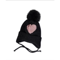 Detailed knit texture and pink heart pattern on black winter hat with faux fur pom - Kids (49-52cm) / Black