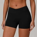 Women's high waist yoga shorts in black featuring a criss-cross V-shape waistband design - S / Premium Black
