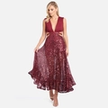 Sexy burgunderrotes Abendkleid mit tiefem V-Ausschnitt, Cut-out und Paillettenrock - S / Burgunderrot
