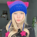 Handmade striped crochet cat ear hat in pink, purple and blue with star charms - Adult 56-59cm / Rose Purple Blue