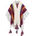 Detail van kleurrijke gebreide poncho met golfpatroon, imitatiebontkraag en kwastjes - Veelkleurig Geometrisch (9#)