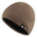 Brown winter knit beanie with warm black fleece lining and snowflake patch on white background - Khaki