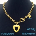Golden heart pendant OT buckle necklace on model neck with 500x8mm chunky chain - Gold Double Heart OT Buckle Style (KN287545-Z)