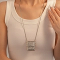 Minimalist silver long snake chain necklace with a woven texture rectangular pendant - 22# Silver Mini Bag Shape Sweater Necklace