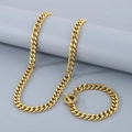 Conjunto de collar y pulsera de cadena cubana dorada de acero inoxidable con cierre OT - Cadena Cubana Pulida de Dos Lados (10mm) / Pulsera 21cm / Dorado