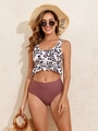 Tweeledige bikini met luipaardprint, top met ruches en mauve roze broekje met hoge taille - S / Luipaardprint Patchwork