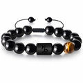 Bracelet tressé zodiaque Capricorne avec perles d'agate noire et oeil de tigre naturel - Capricorne