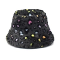 Winterlicher Fischerhut aus schwarzem Kunstkaninchenfell mit buntem Leopardenmuster - M (56-58cm) / Dunkelgrau Bunter Leopard