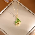 Golden titanium steel necklace with green and white zircon christmas tree pendant style - A0124 Gold Green CZ Hat