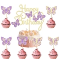 Pink and gold butterfly cake topper set with Happy Birthday glitter sign for parties - Gold Large Topper + 6 Dark Gold Purple Butterfly Small Toppers
