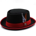 Classic black pork pie felt hat with red band, anchor pin, and colorful feathers - M (56-58cm) / 01 Feather Style (Black/Red)