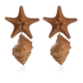 Detailed close-up of handmade starfish and seashell drop earrings in natural brown tones - Tan Brown Style (DW22091502-1.2)