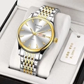 Men's business quartz watch with two-tone steel band and dual day-date display - Two-tone Steel Case White Dial