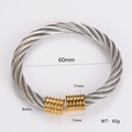 Detail view of twisted steel cable bangle with gold accent end caps and dimensions - Steel Cable with Gold Tips