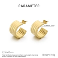 Detail view of 20x12mm ribbed C-shape earrings in 18K gold-plated stainless steel - Gold Ribbed Style (KE114920-K)