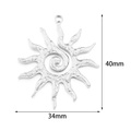 Detailed view of silver stainless steel sun pendant with 40mm by 34mm dimensions - Spiral Pattern Sun / 2 Pcs/Set / Steel
