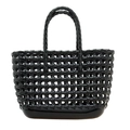 Black hollow woven jelly handbag for summer vacation with a solid base and double handles - Black