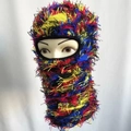 Colorful plush balaclava hat with blue, red, and yellow faux fur knit patterns - One Size / Multicolor Mix