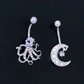 Celestial octopus and moon belly rings with colorful zircon in silver finish - Moon & Star