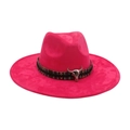 Stylish hot pink wide brim fedora hat with ethnic band and silver bull head detail - Colorful Bull Head Ornament / Rose Red