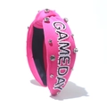 Detail of pink fabric headband with GAMEDAY bead embroidery and sparkling rhinestones - Rose Red