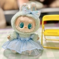 Labubu doll outfit featuring green plush jumpsuit and blue gauze skirt with cute bunny ears - Blue Sequined Tulle Dress / First And Second Generation Keychains Are Compatible With La Cloth Dolls. Dolls Not Included.