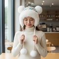 Winter plush trapper hat with deer ear pom-poms and checkered knit top in beige - Pocket Multi-Pom Style / White