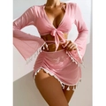 Conjunto de bikini rosa de cuatro piezas con manga larga, falda de flecos y pareo de playa - S / Rosa