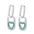 Silver U-shaped earrings with heart cutout oval pendant and green zircon pavé stones - Platinum-Green