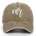 Close-up of white mr. embroidery on a vintage washed khaki cotton baseball cap - Khaki Mr.