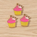Colgantes de cupcake con corona esmaltada rosa y bordes dorados para joyas DIY - Rosa Rojo