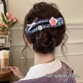 Pince à cheveux vintage à carreaux bleus avec nœud rose et ours, taille env. 12cm - environ 12CM / 3# Ours Bleu Clair et Rose
