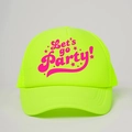 Macro view of neon yellow mesh trucker hat with pink Let's Go Party text and stars - One Size / Fluorescent Green