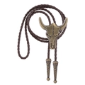Bronze bull skull bolo tie featuring brown braided leather cord and metallic tips - Antique Bronze with Coffee Brown Rope