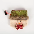 Cream sherpa snowman gift bag with green fabric trim and festive bell drawstring - Snowman