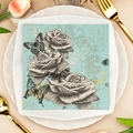 Floral print paper napkins featuring black white roses and butterflies on blue background - Retro Floral Butterfly (1021)