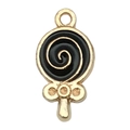 Lollipop charm with gold metal outline, black spiral pattern and bow detail - Round Lollipop 9x18mm